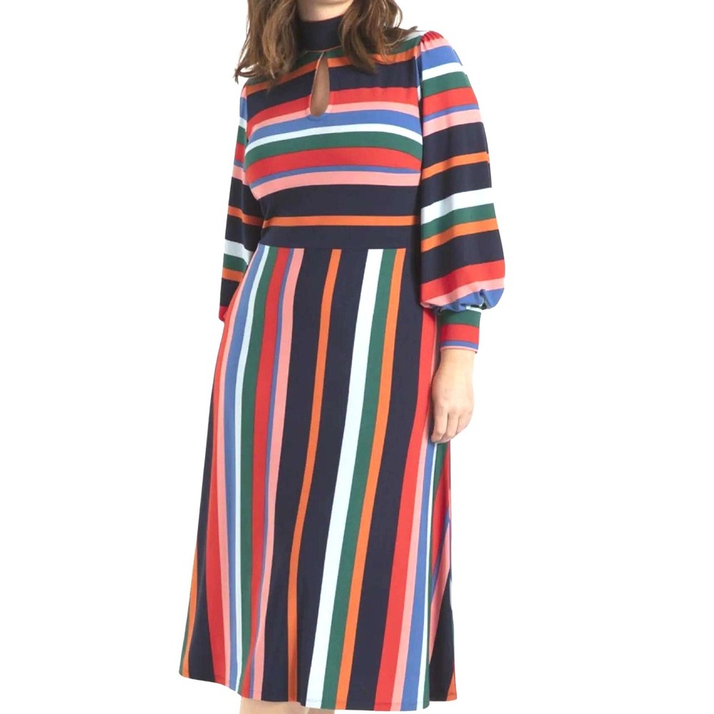 ELOQUII Women's 24 2X Rainbow Striped Tie Back Long Balloon Sleeve Midi Dress
